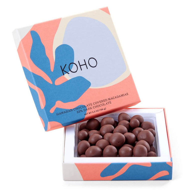 dark chocolate covered macadamia nuts box open