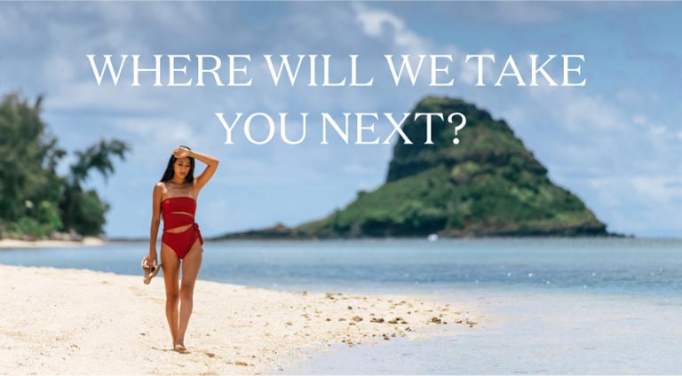 Person walking along the beach in Hawai'i with the text "Where Will We Take You Next?"